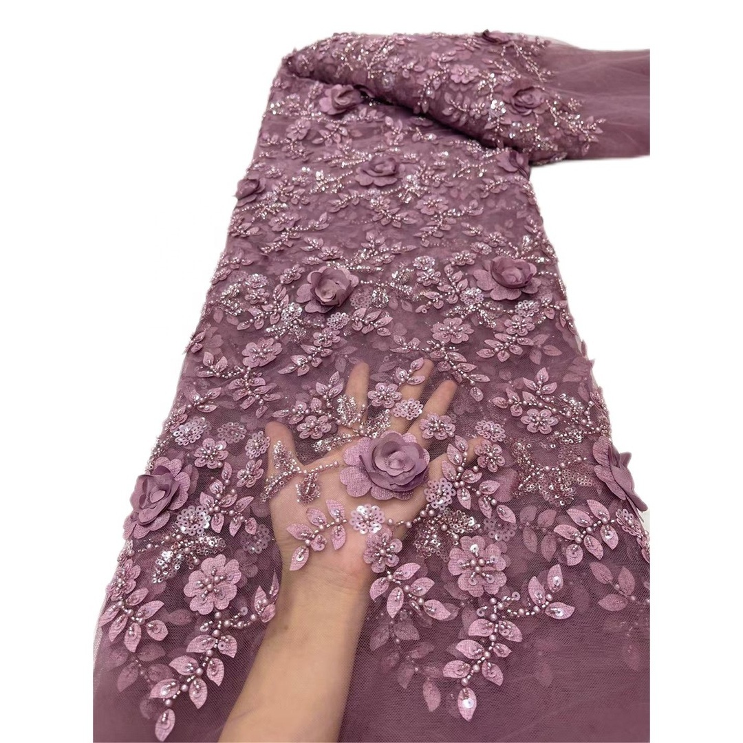 Hot sale Embroidery 3D flower Beaded sequin wedding dress fabric material high quality  party dress 3d FLORAL tulle lace fabric