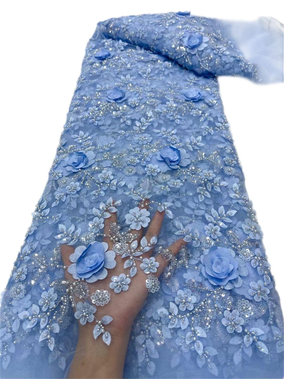 Hot sale Embroidery 3D flower Beaded sequin wedding dress fabric material high quality  party dress 3d FLORAL tulle lace fabric