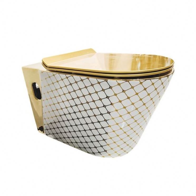 Luxury Floating Toilet Gold Wall Hung Wc Bathroom Commode Ceramic Wall Mounted Closestool Toilet