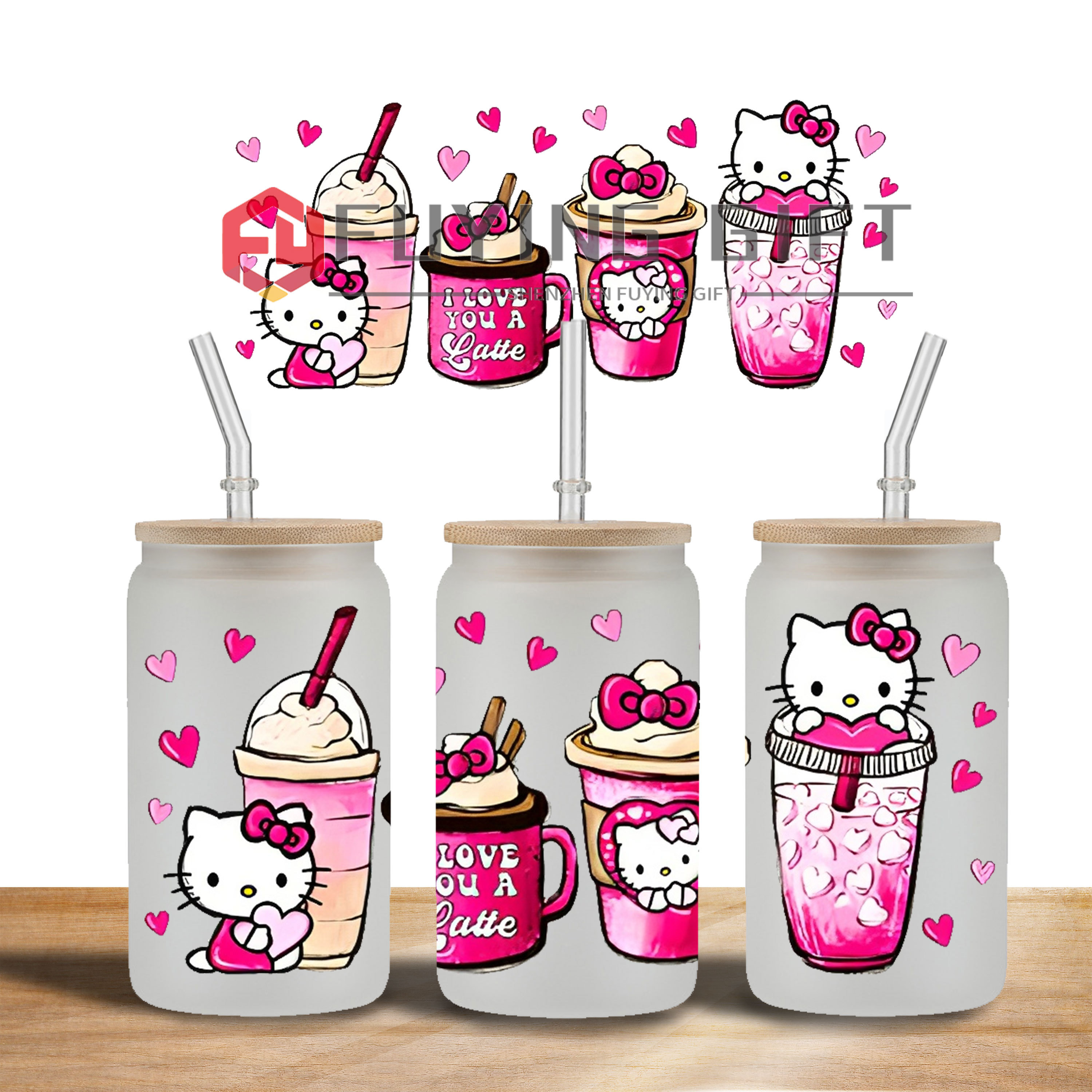 Ready to Ship 16 oz uv dtf cup wraps valentines cartoon 3d transfers vinyl cup wrap waterproof stickers for glass cups