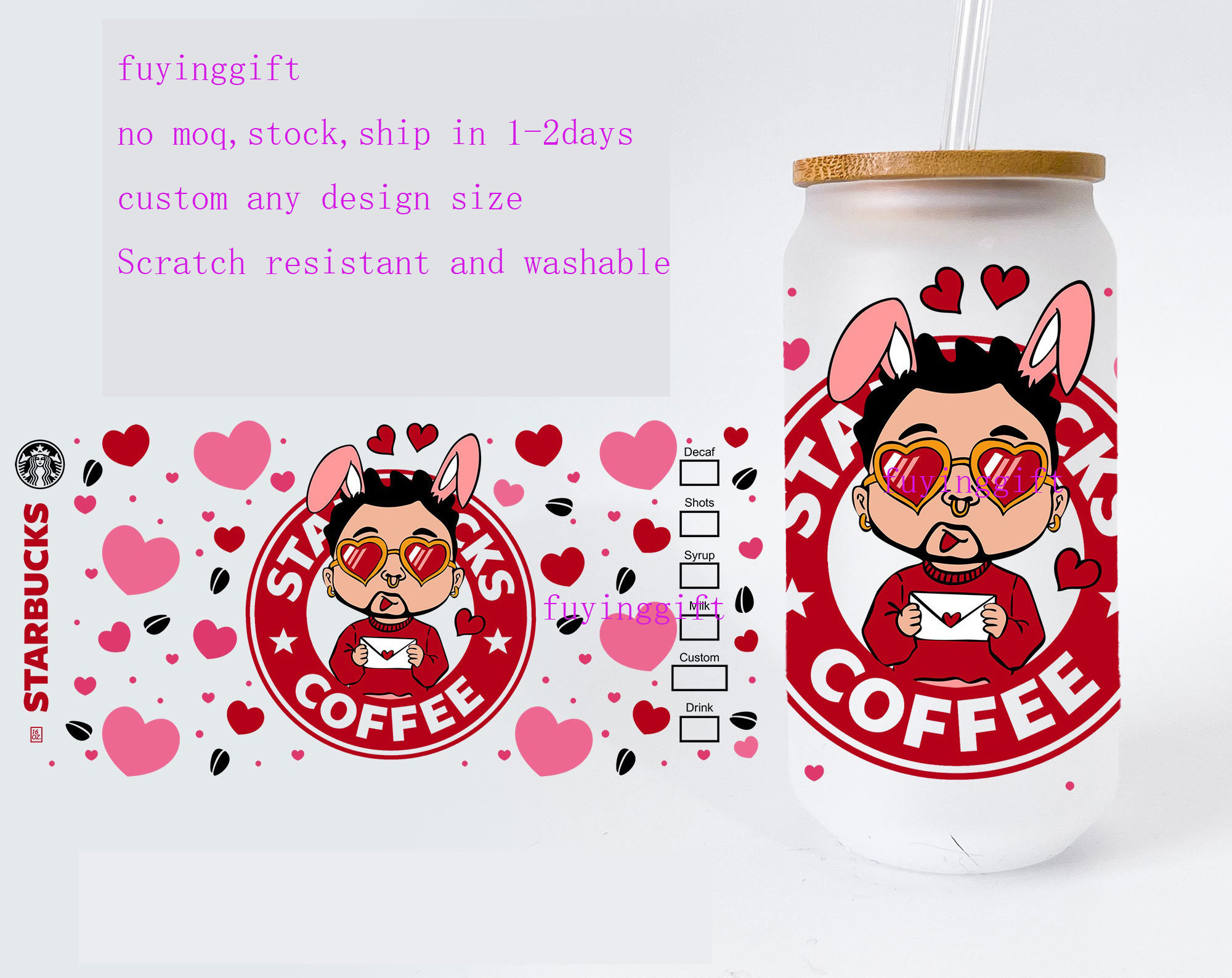 Ready to Ship 16 oz uv dtf cup wraps valentines cartoon 3d transfers vinyl cup wrap waterproof stickers for glass cups