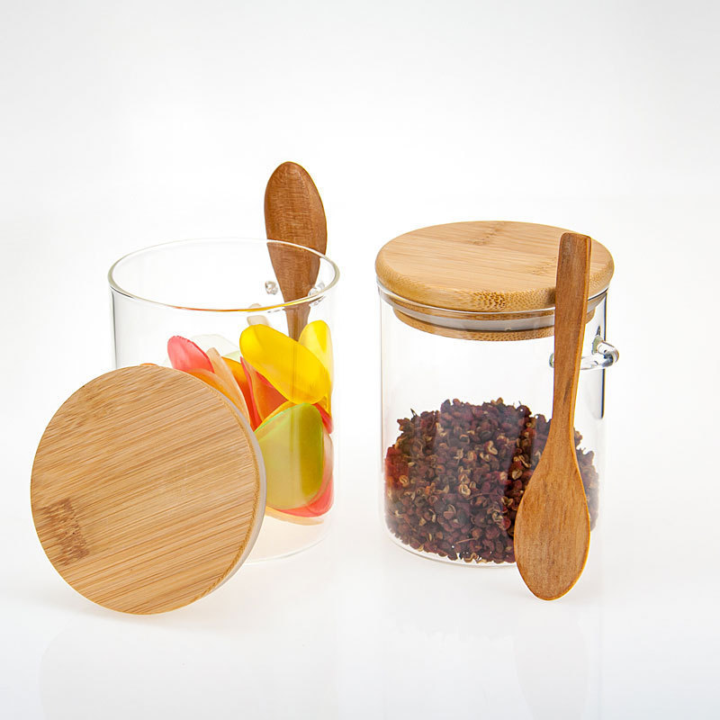 Wholesale custom kitchen food spice storage jar with wood lid spoon glass sealed cookie candy grain storage container jar