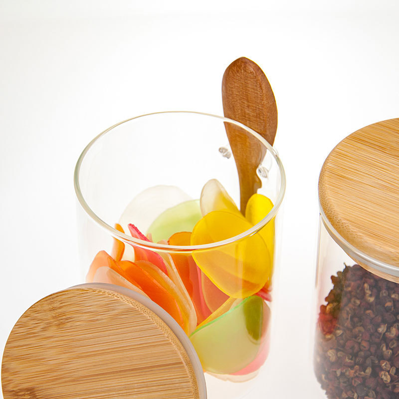 Wholesale custom kitchen food spice storage jar with wood lid spoon glass sealed cookie candy grain storage container jar