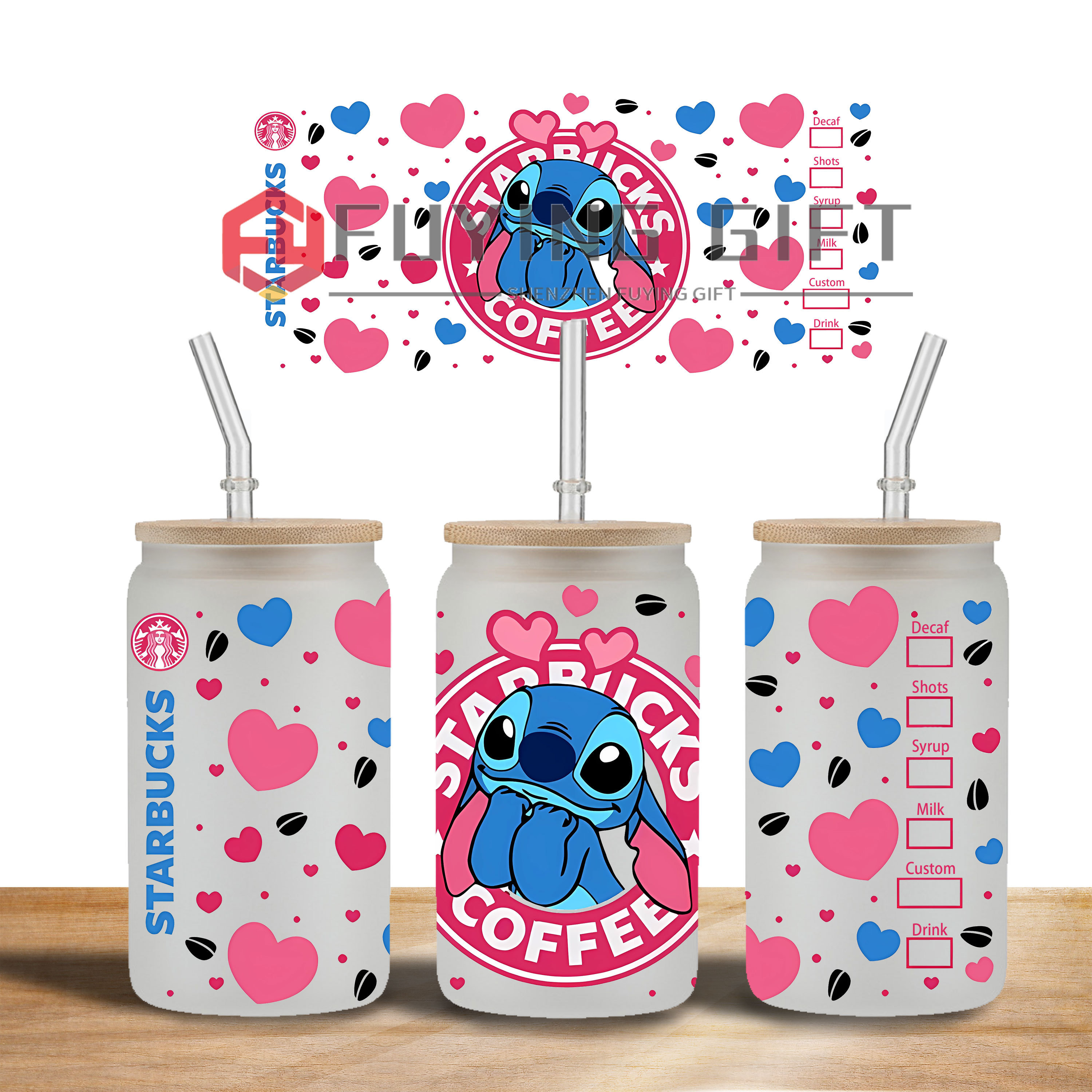 Ready to Ship 16 oz uv dtf cup wraps valentines cartoon 3d transfers vinyl cup wrap waterproof stickers for glass cups