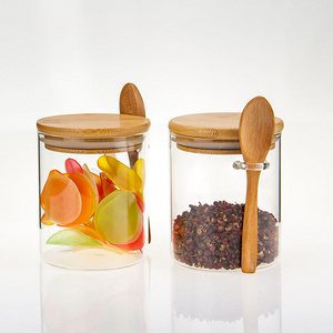 Wholesale custom kitchen food spice storage jar with wood lid spoon glass sealed cookie candy grain storage container jar