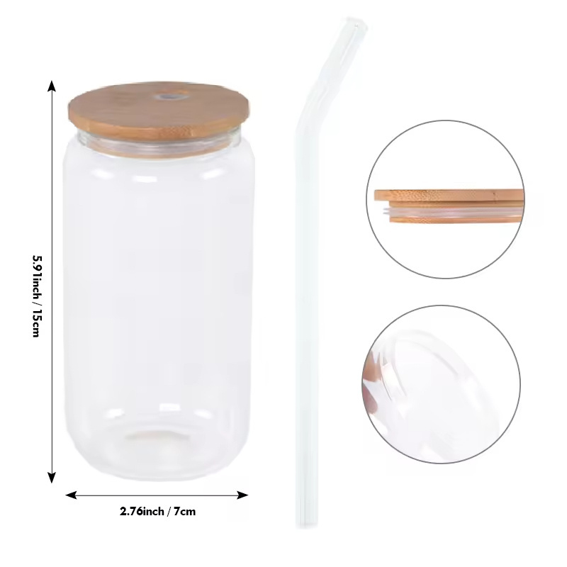 Can Jar Clear Kids Snow Globe Double Wall Tumblers with hole 12oz 16oz 20oz Glass with Bamboo Lids White Box Glass Cup