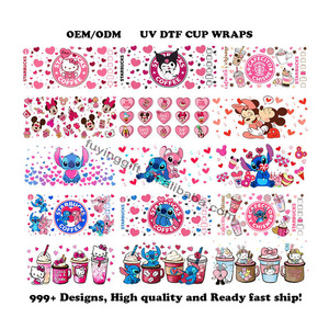 Ready to Ship 16 oz uv dtf cup wraps valentines cartoon 3d transfers vinyl cup wrap waterproof stickers for glass cups