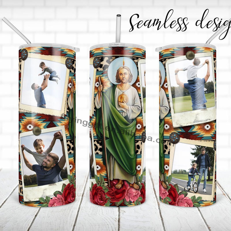 Custom Picture frame Virgin Mary and San Judas Tadeo Tumbler Mexican Flag Rose Flower 20 oz Skinny Straight Tumbler