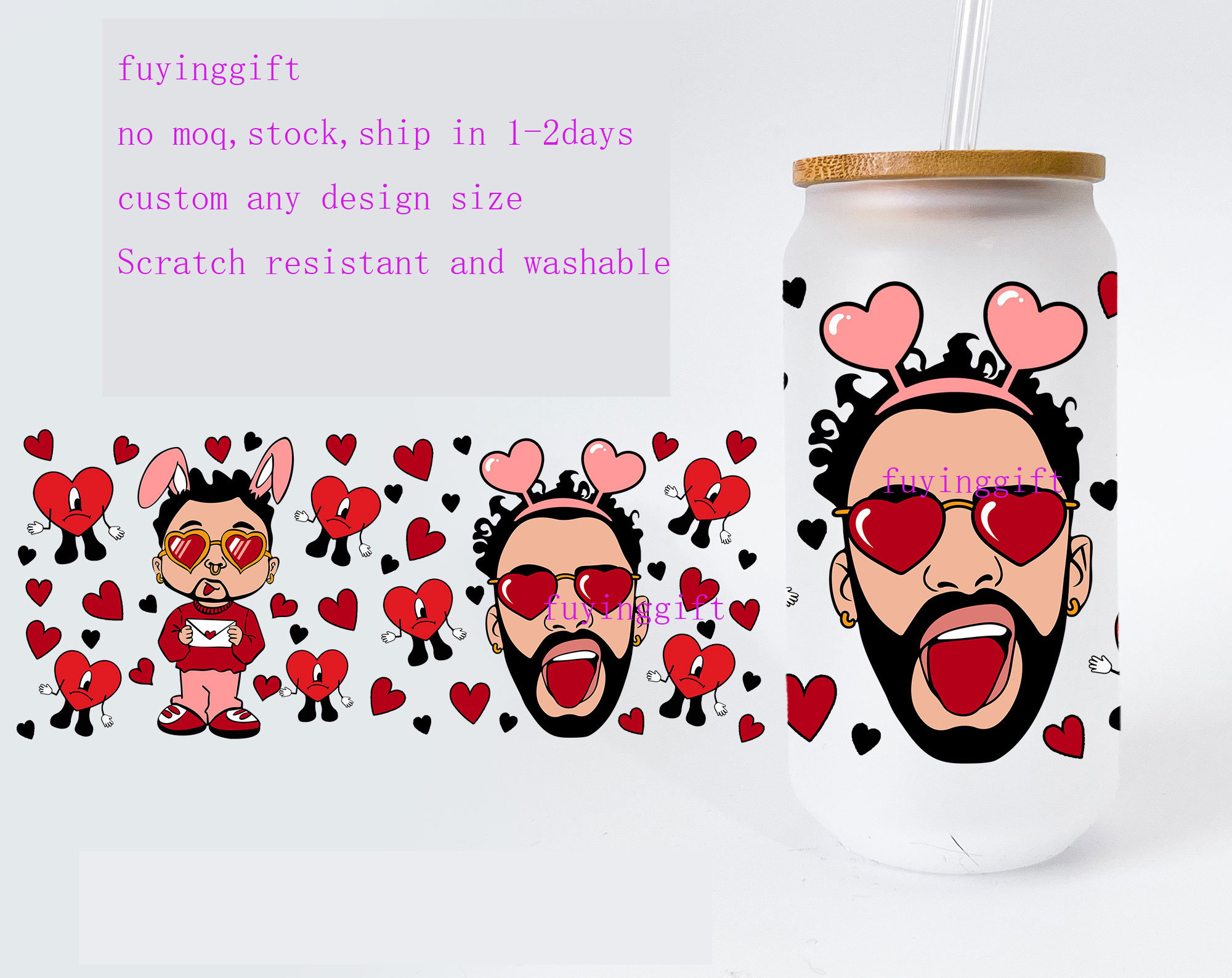 Ready to Ship 16 oz uv dtf cup wraps valentines cartoon 3d transfers vinyl cup wrap waterproof stickers for glass cups