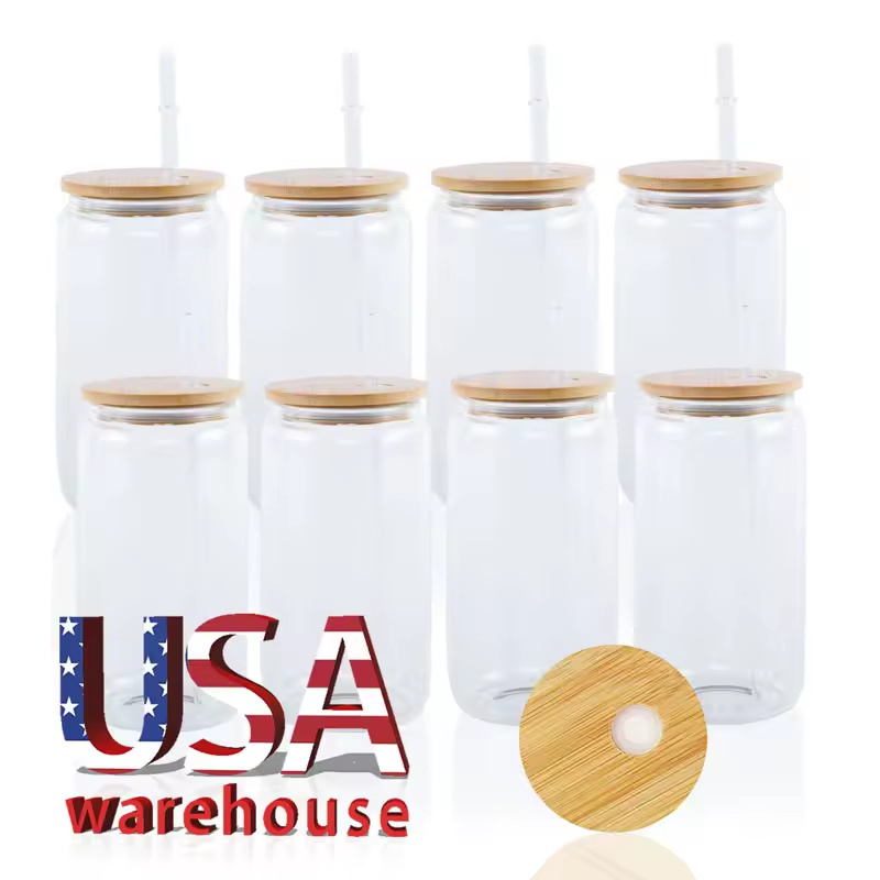 Can Jar Clear Kids Snow Globe Double Wall Tumblers with hole 12oz 16oz 20oz Glass with Bamboo Lids White Box Glass Cup