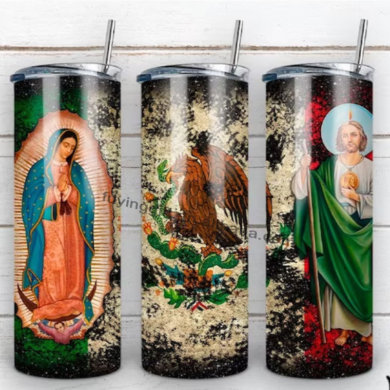 Custom Picture frame Virgin Mary and San Judas Tadeo Tumbler Mexican Flag Rose Flower 20 oz Skinny Straight Tumbler