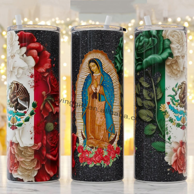 Custom Picture frame Virgin Mary and San Judas Tadeo Tumbler Mexican Flag Rose Flower 20 oz Skinny Straight Tumbler