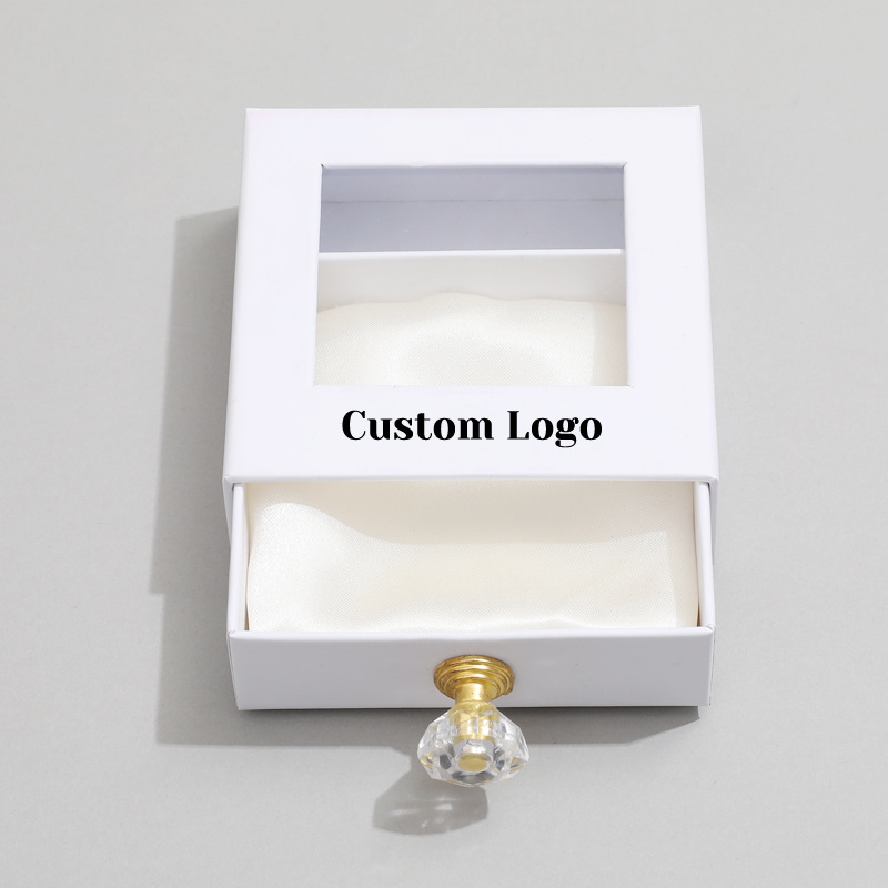 Custom Logo Square Slide Drawer Jewelry Box Paper Cardboard Packaging Necklace with Crystal Handle Packaging Box with Window