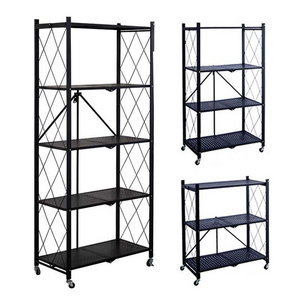 3 Tier Foldable Storage Shelf Rack With Wheels Kitchen Multipurpose Steel Shelving