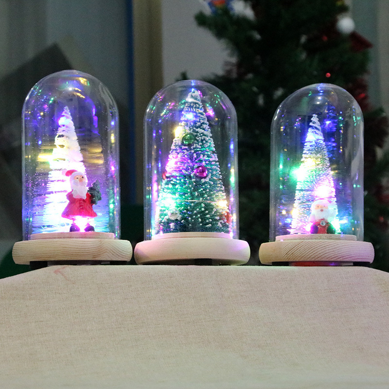 Christmas Ornaments Wooden Glass Cover Cedar Tree Glowing Mini Christmas Tree