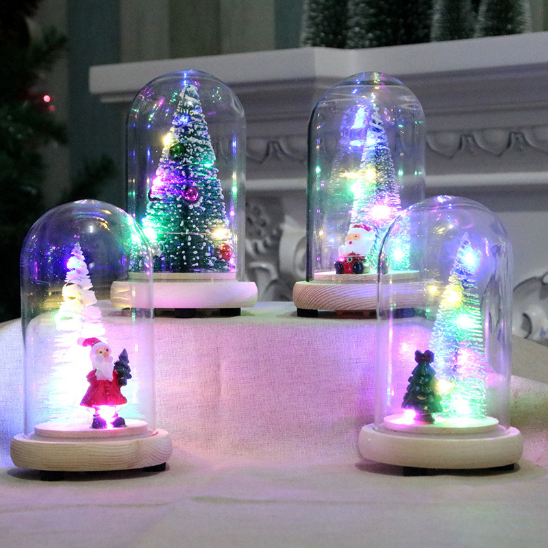 Christmas Ornaments Wooden Glass Cover Cedar Tree Glowing Mini Christmas Tree