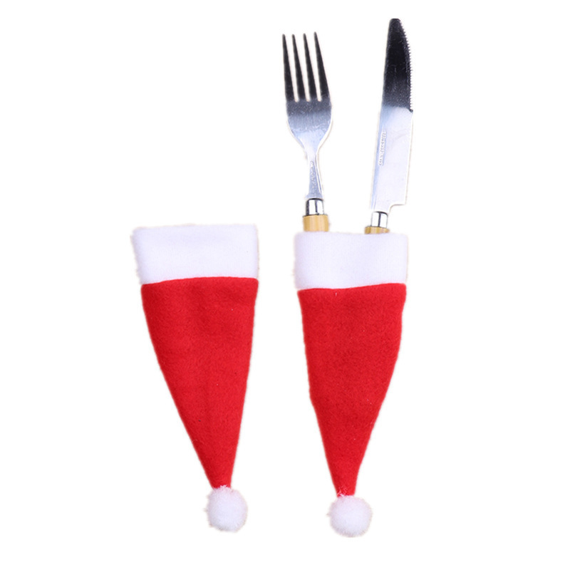 Mini Christmas Santa Hat With Plush Ball Cheap Scarf Christmas Mini Santa Red Hats Cutlery for Decor