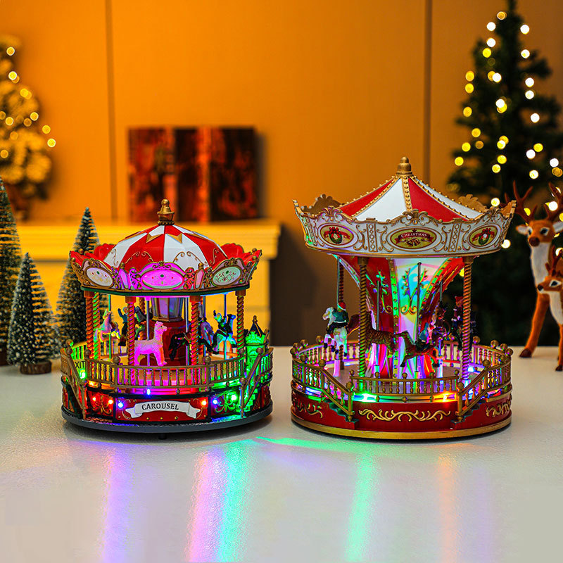 High Quality Artificial Beautiful Lighted Musical Christmas Resin Carousel Navidad Indoor Home Creative Decorations