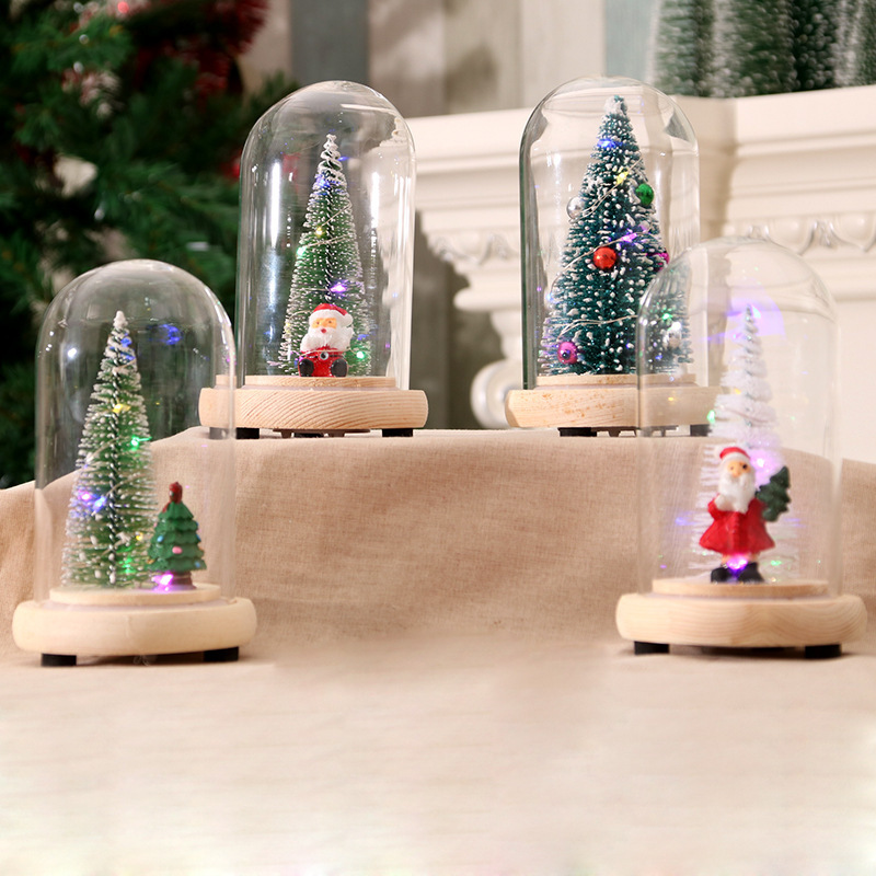 Christmas Ornaments Wooden Glass Cover Cedar Tree Glowing Mini Christmas Tree