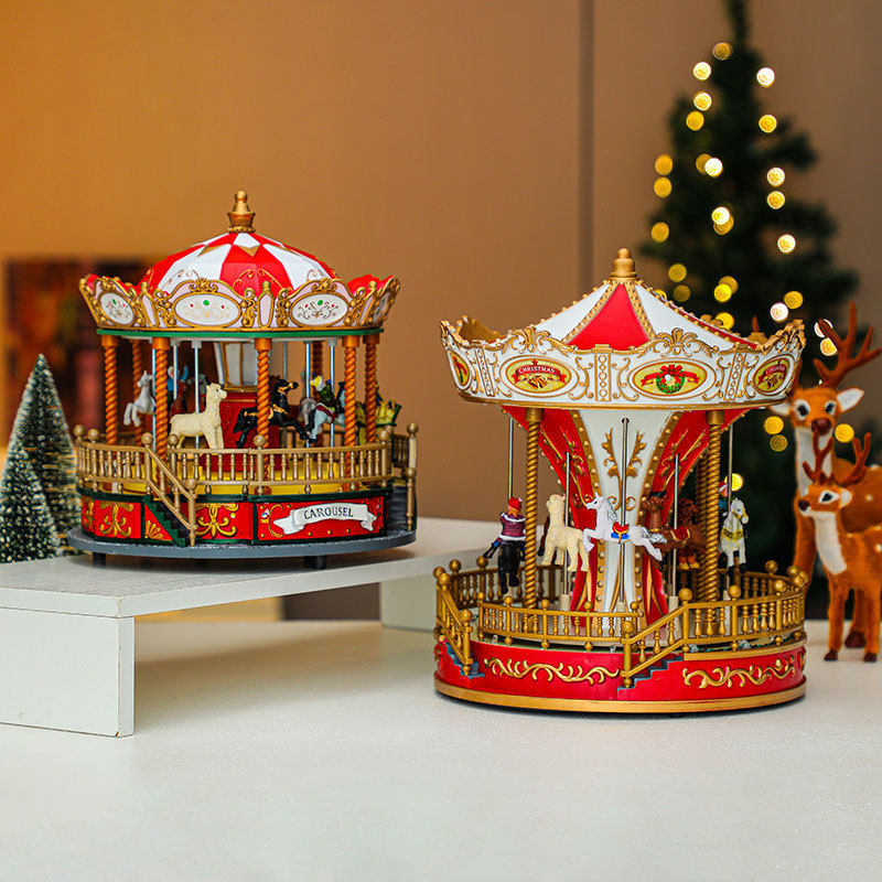 High Quality Artificial Beautiful Lighted Musical Christmas Resin Carousel Navidad Indoor Home Creative Decorations