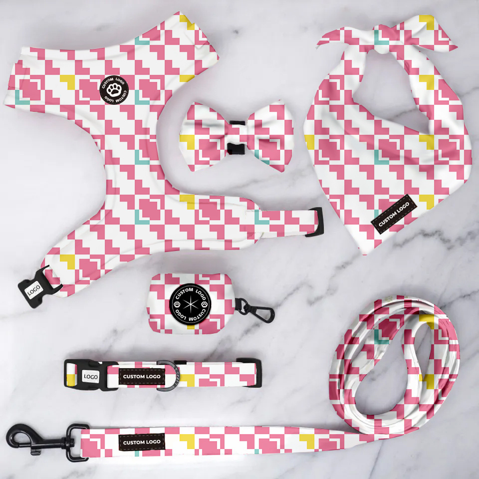 Manufacturers OEM Custom Logo Designer Luxury Neoprene Dog Pet Collars Leashes Harnesses Set Custom Dog Pet Harnesses