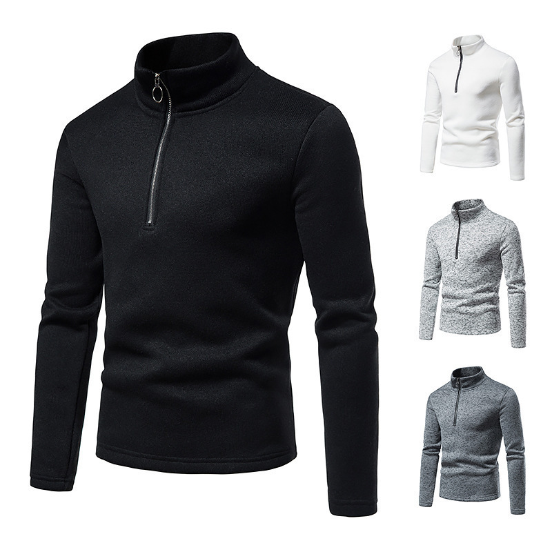 New European and American placket zipper design solid color turtleneck bottoming shirt cropped plus size mens hoodies