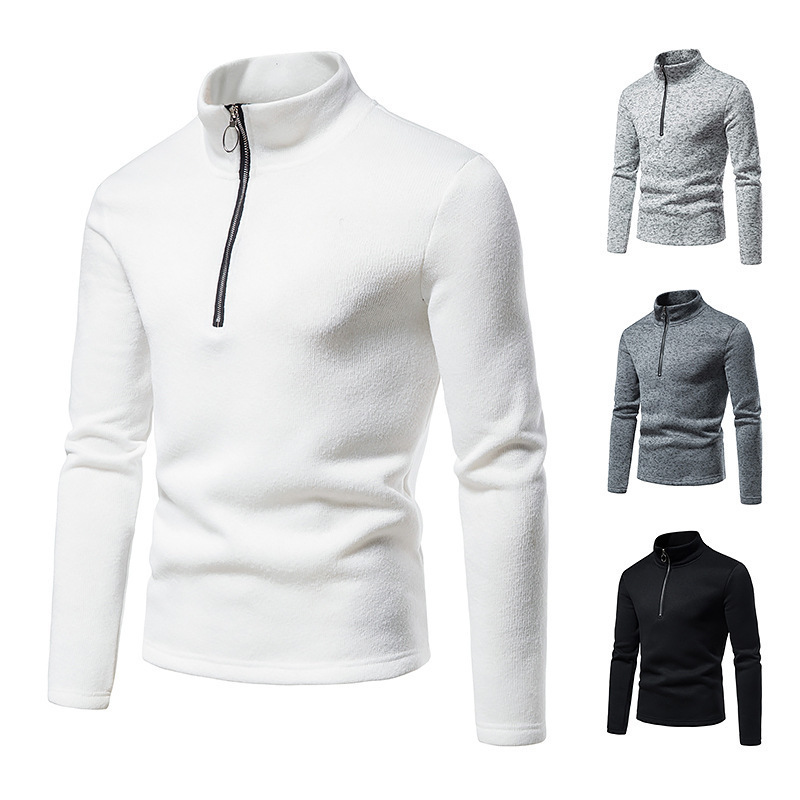 New European and American placket zipper design solid color turtleneck bottoming shirt cropped plus size mens hoodies