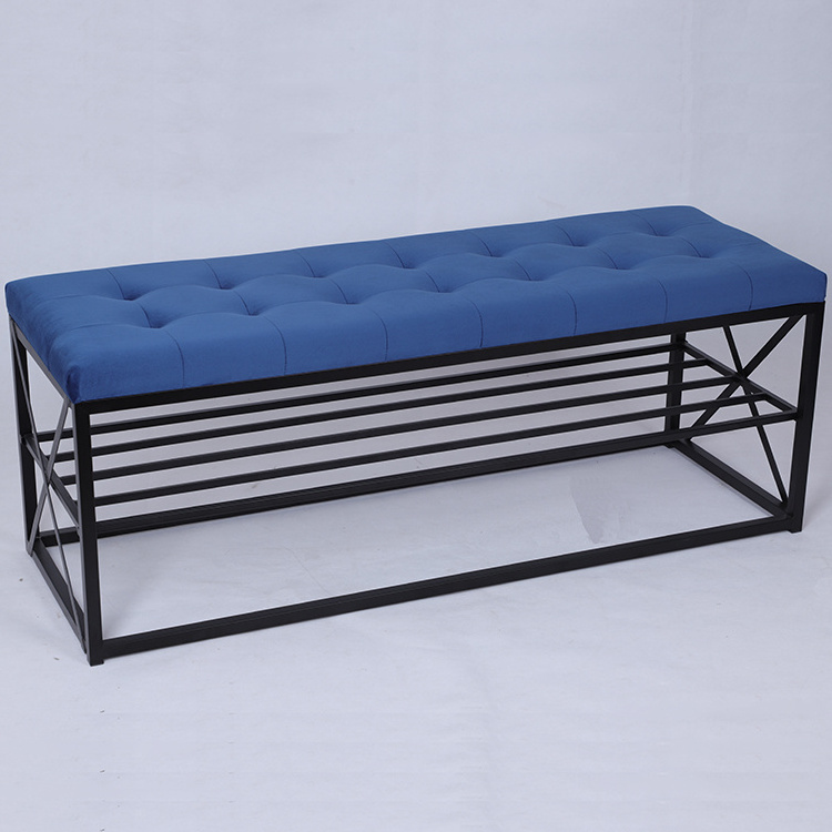 Black Metal Color Fabric Long Bench With shoe rack For Living Room entryway