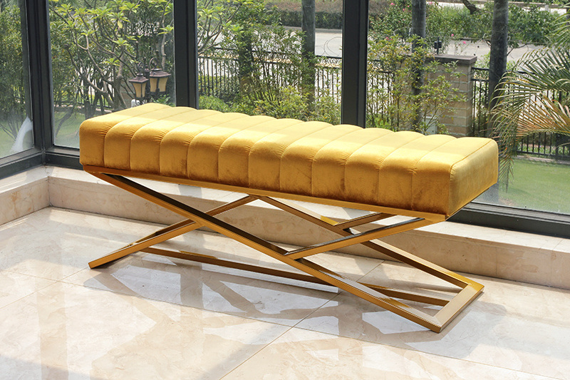 Modern KD Furniture Velvet Sofa Tufted Golden Metal Leg End Bed Ottoman Bench