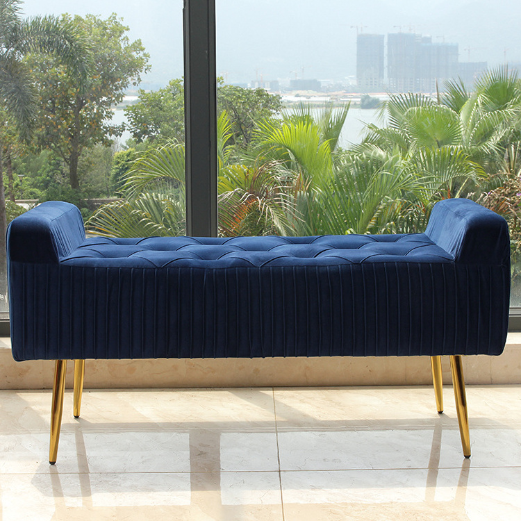 Wholesale Blue home furniture living room Stool Velvet Shoe Change Stool long bench Sofa Ottoman Bed