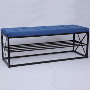 Black Metal Color Fabric Long Bench With shoe rack For Living Room entryway