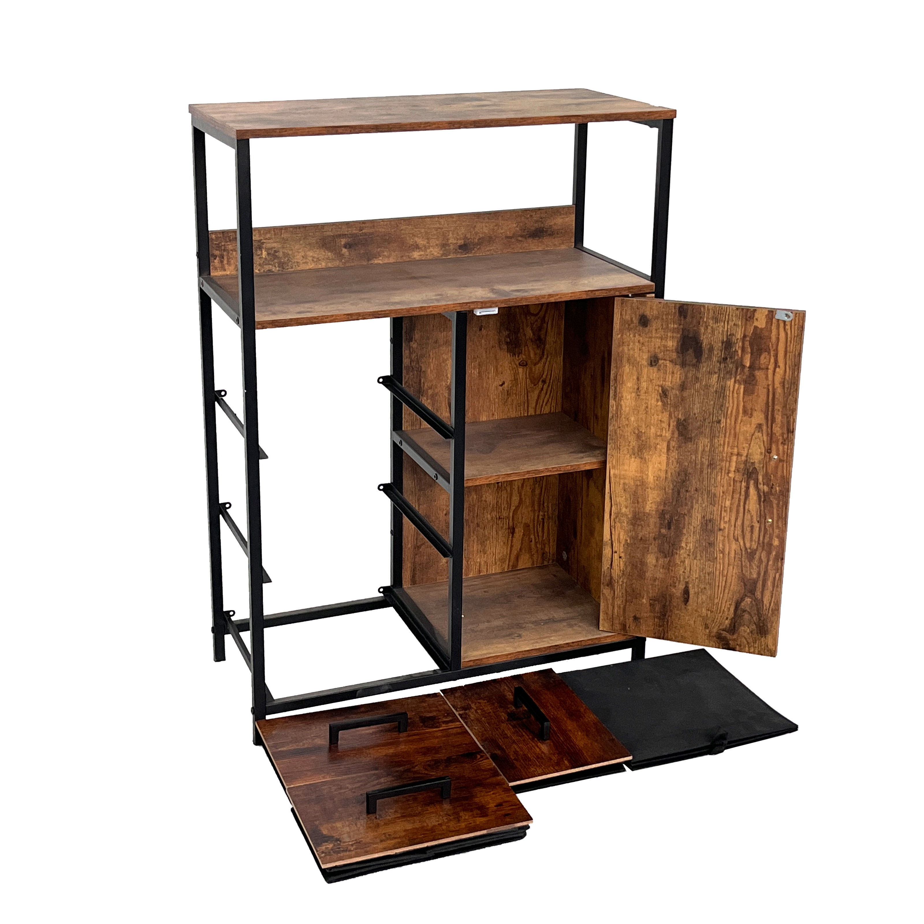 4-Tier Storage Shelf Unit with 3 Drawers 2 Tiers Shelves Wood Floor Cabiet with Sturdy Frame