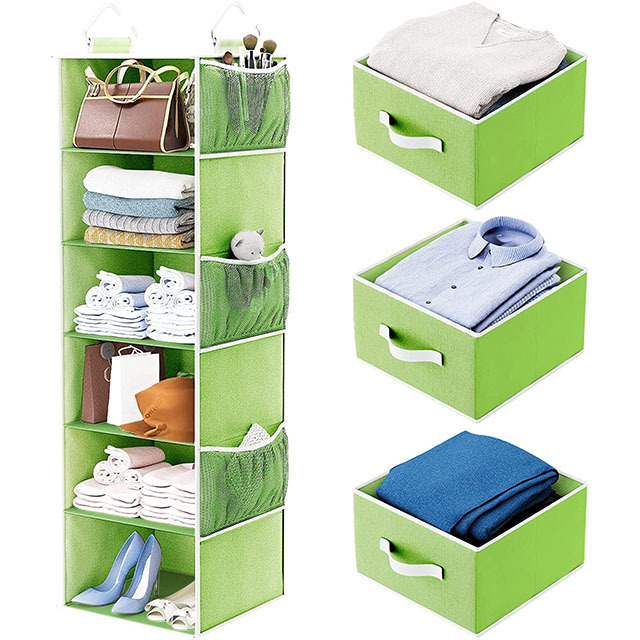 Home Folding 6 Shelf hanging Non Woven storage cloth organizer With 3 drawers and 6 Pockets On the side Fabric closet hanging