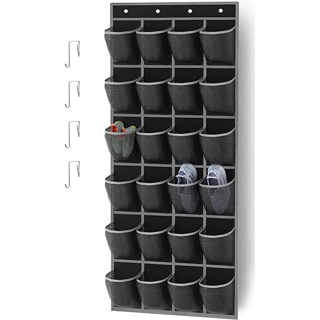 Hanging closet organizer non-woven Breathable Mesh Over the Door Hanging Shoe Organizer 24 Pockets   with 4 Metal Hooks 3 colour