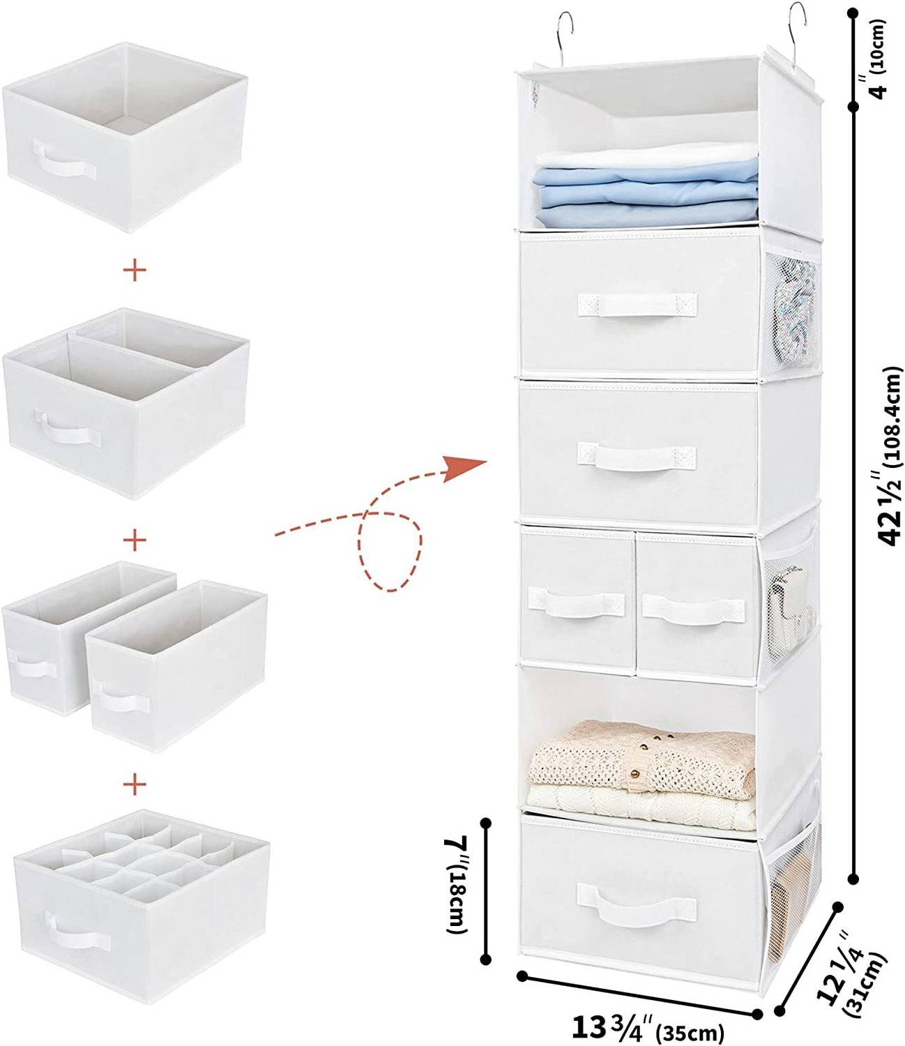 Hanging Closet Organizer Foldable 6 Shelf Clothes Organization with Drawers