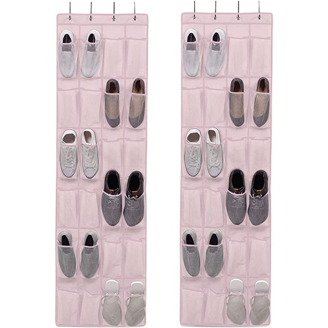 Hanging closet organizer non-woven Breathable Mesh Over the Door Hanging Shoe Organizer 24 Pockets   with 4 Metal Hooks