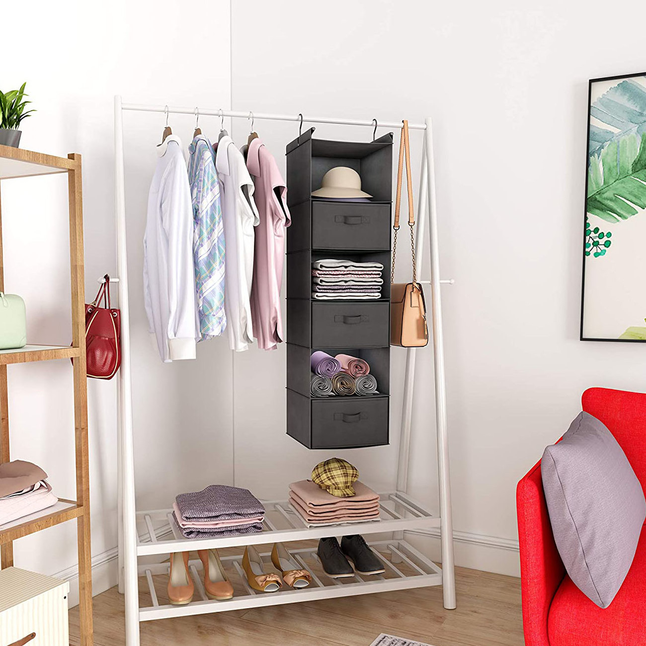 Home Folding 6 Shelf hanging Non Woven storage cloth organizer With 3 drawers and 2  metal hooks Hanging closet organizer