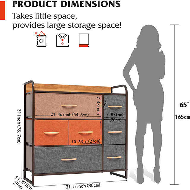 Home 7 Drawers With Wood Top Storage Dressing Table with Wooden Handle and Easy to Install  Organizer 7 Fabric Storage drawer