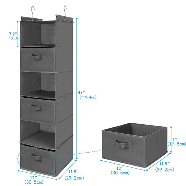 Home Folding 6 Shelf hanging Non Woven storage cloth organizer With 3 drawers and 2  metal hooks Hanging closet organizer