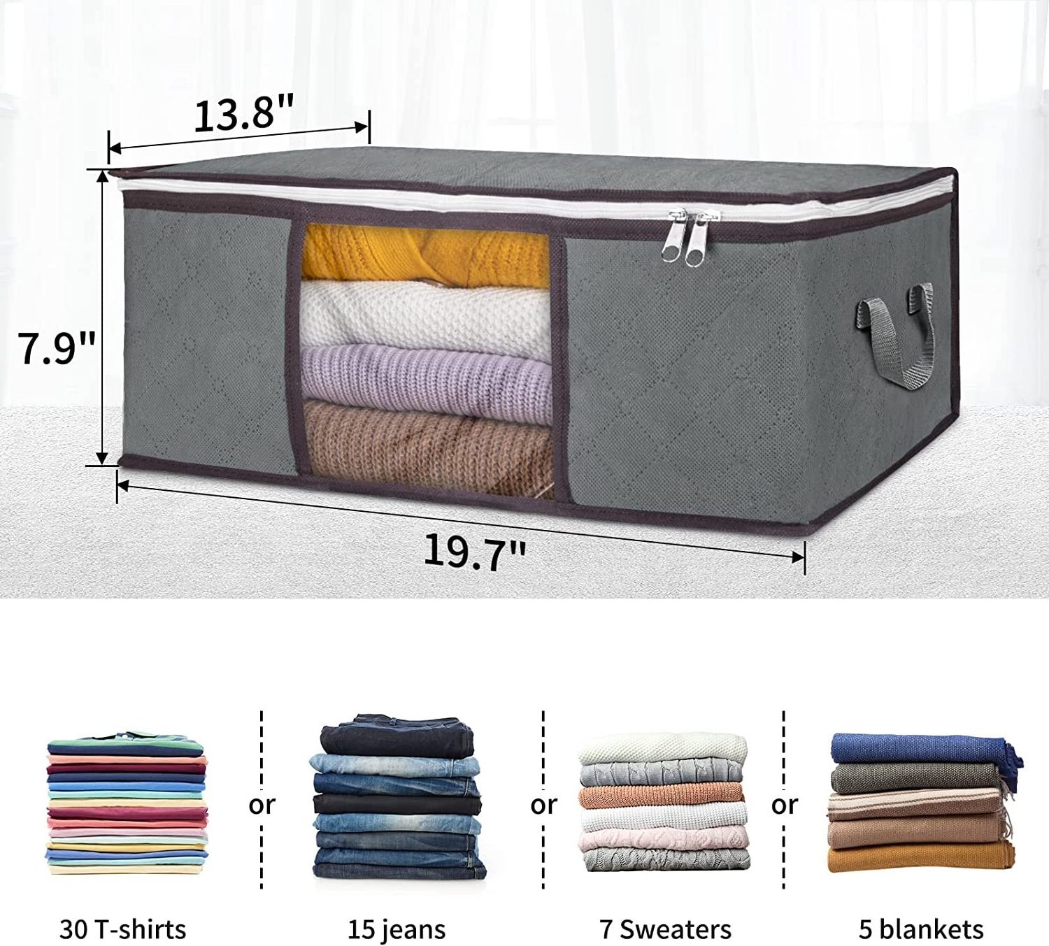 Foldable Closet Organizers Storage Containers with Durable Handles Thick Fabric Clear Window for Blanket