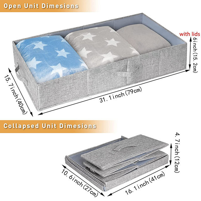 Foldable  linen Organizers Waterproof Bed Bottom Large capacity Storage Box with lid and 3 fabric handle  for Blankets clothing