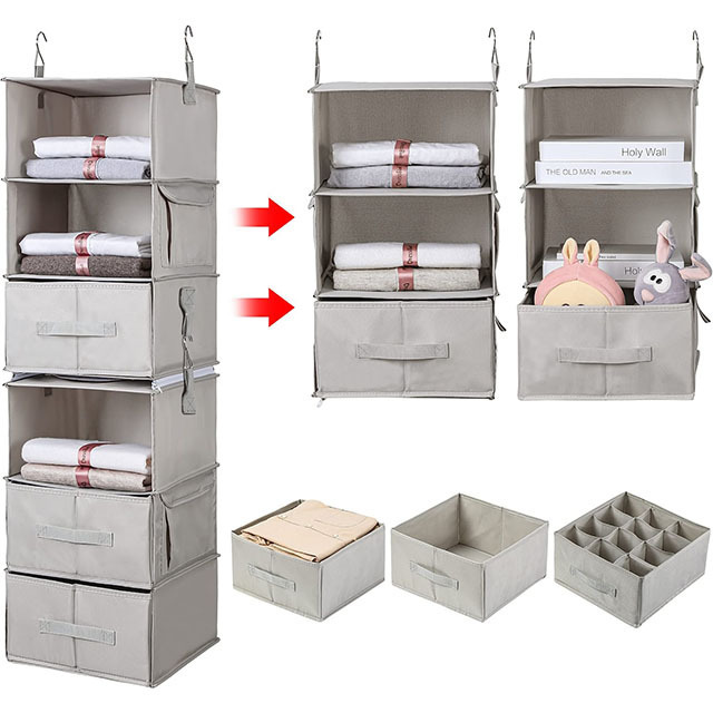 Home Folding 6 Shelf hanging  cloth organizer double connection zipper together 3 drawers 4 Pockets Hanging closet organizer