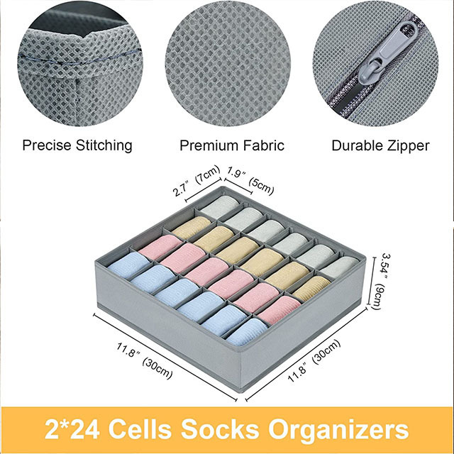 Collapsible Fabric Storage 24 Cells Socks Organizer Non-Woven Storage Bin with a Durable Zipper