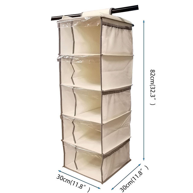 Home Folding 5 Shelf hanging Non Woven storage cloth organizer With 5 Pockets On the side Fabric closet hanging