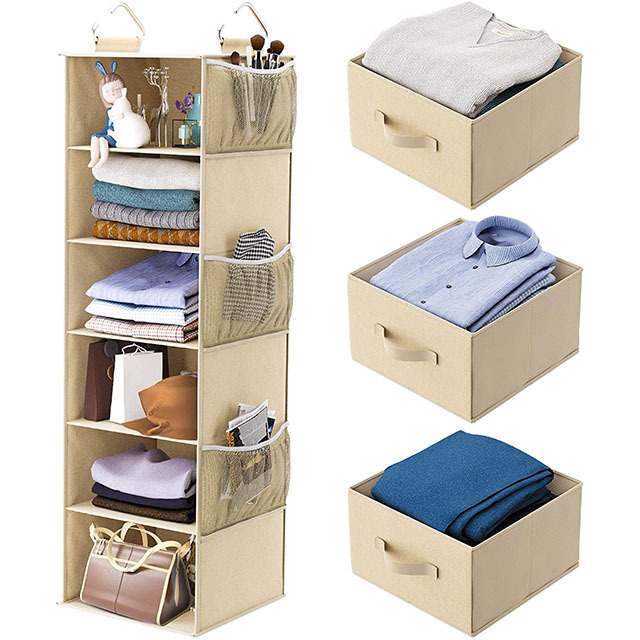 Home Folding 6 Shelf hanging Non Woven storage cloth organizer With 3 drawers and 6 Pockets On the side Fabric closet hanging