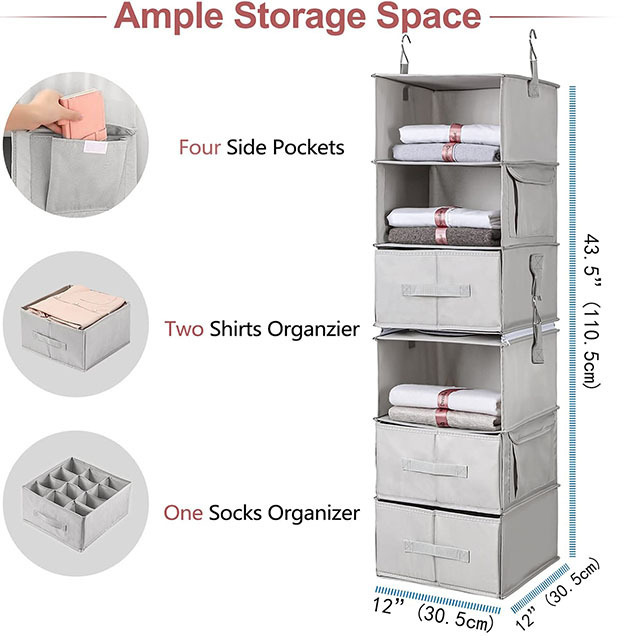 Home Folding 6 Shelf hanging  cloth organizer double connection zipper together 3 drawers 4 Pockets Hanging closet organizer