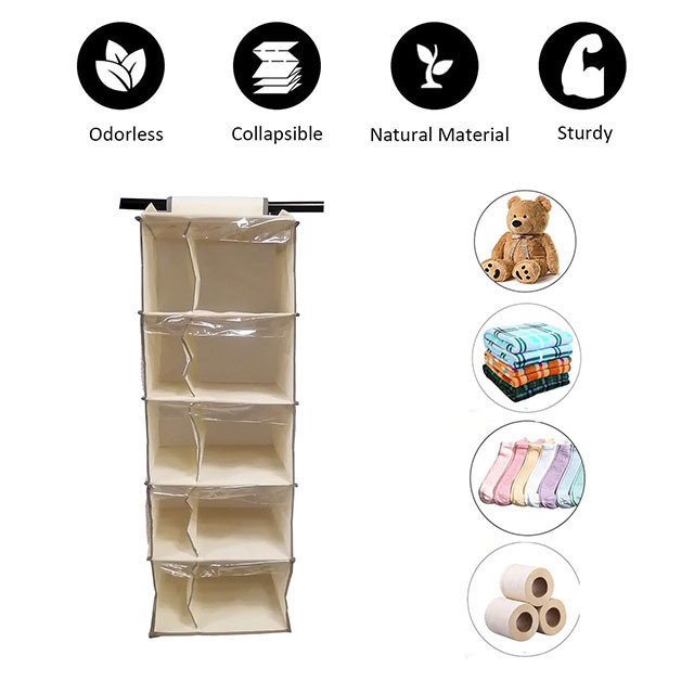 Home Folding 5 Shelf hanging Non Woven storage cloth organizer With 5 Pockets On the side Fabric closet hanging