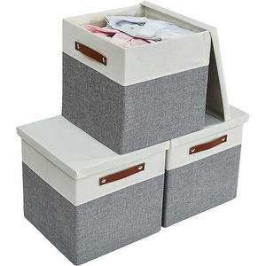 Foldable Large Fabric Linen Storage Box with Lid and  PU Strong Handles Home Organizer for Toys,Clothes,  and Other Sundries