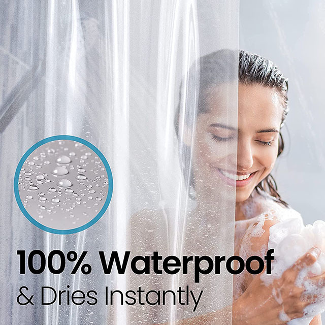 Durable PEVA shower curtain liner 100% waterproof with 12 plastic hooks easy to install, easy to clean and dries instantly