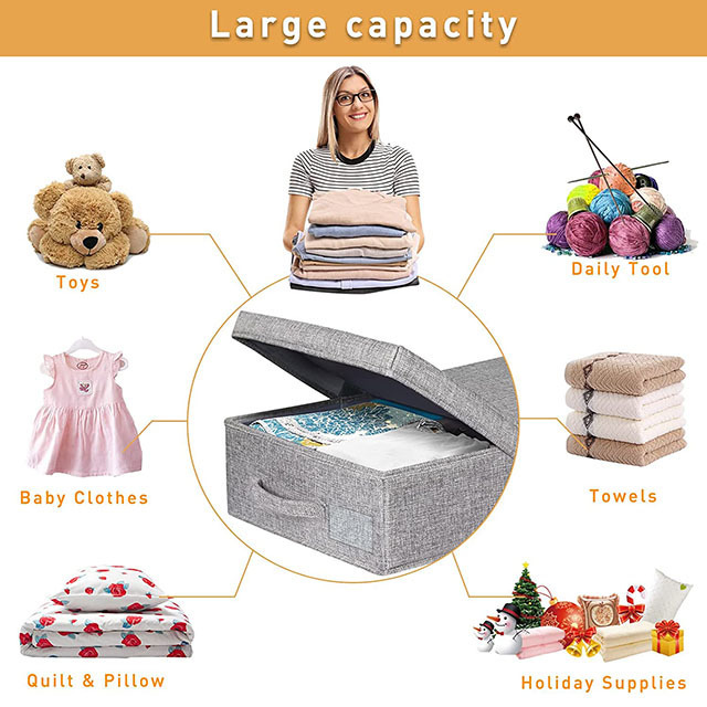 Foldable  linen Organizers Waterproof Bed Bottom Large capacity Storage Box with lid and 3 fabric handle  for Blankets clothing